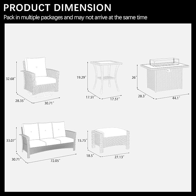 LayinSun 7 Piece Wicker Patio Furniture Set with Fire Pit Table, Classis Outdoor Conversation 360 Degree Swivel Chairs Set with Coffee Table