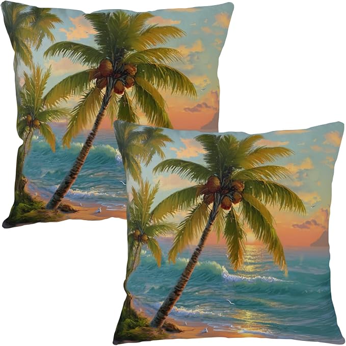 Hawaiian Sunset Coastal Throw Pillow Covers Tropical Coconut Palm Tree Pillow Covers 20x20 Set of 2 Summer Ocean Beach Pillow Cases Sea Wave Cushion Cases for Home Sofa Couch