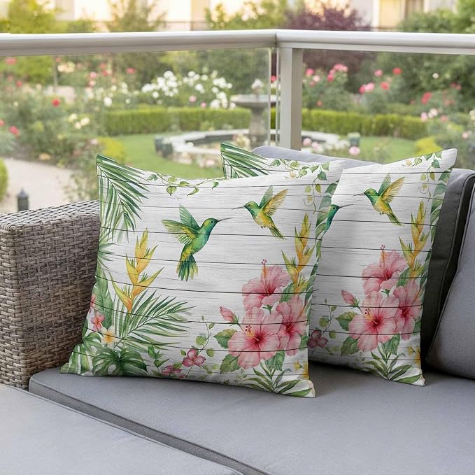 Hummingbirds Hibiscus Outdoor Waterproof Pillow Covers Pack of 2, Birds Botanical Tropical Plant Wood Grain Throw Pillowcases Decorative Cushion Covers for Garden Patio Tent Sofa Couch, 20x20 inch