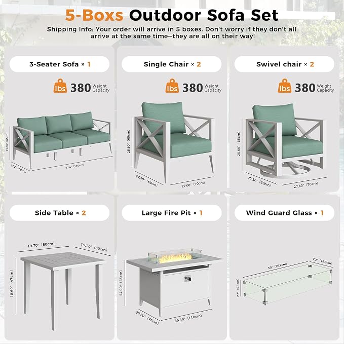 Aluminum Outdoor Patio Furniture Set with Swivel Chairs,10-Piece Outdoor Sectional with 5.2" Thick Cushions, Patio Conversation Sets with Plus Fire Pit for Backyard,(White,7 Seats)