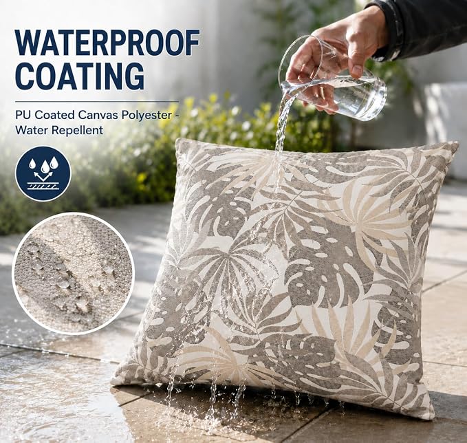Indoor Outdoor Waterproof Throw Pillow Covers, Pack of 2 UV Fade Resistant Pillowcase Shell Cushion Sham for Garden Patio Tent Balcony Couch Sofa, 18 x 18 Inch (Sunlight Coconut Grove)
