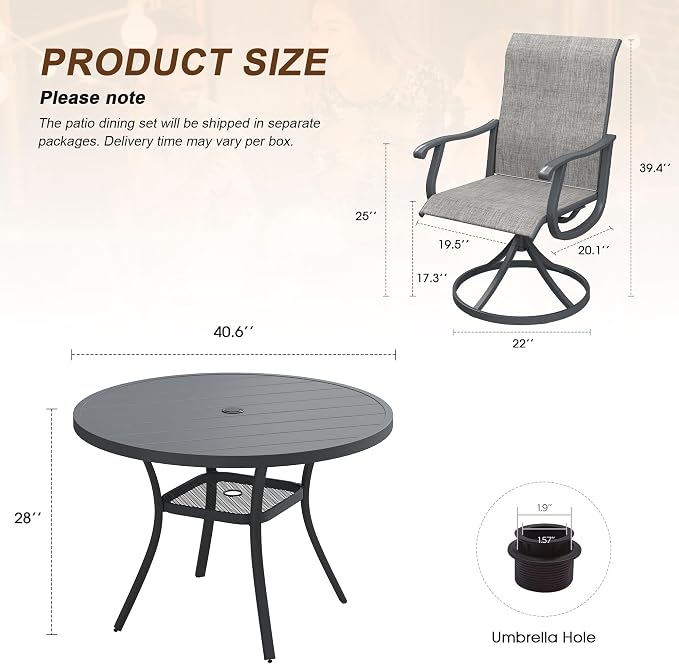 VICLLAX Patio 5 Pieces Outdoor Dining Set, 40.6" Round Metal Table with Umbrella Hole and 4 Swivel Textilene Chairs for Lawn, Garden, Porch, Dark Grey/Grey