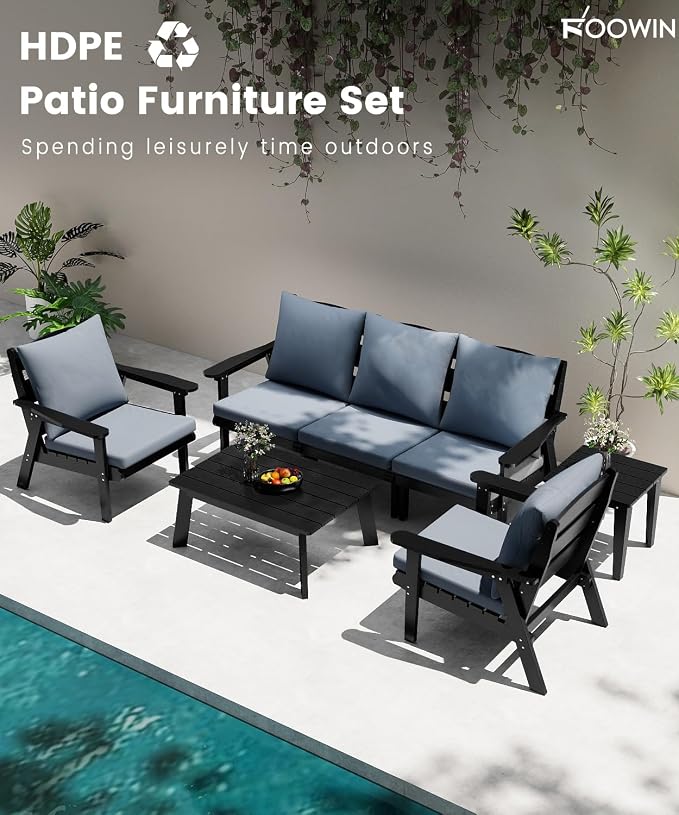FOOWIN 7-Piece Patio Furniture Set, HDPE All-Weather Outdoor Conversation Set with Thick Cushions, Sectional Patio Sofa Furniture for Deck, Porch, Lawn, Garden, Black Frame & Grey Cushion