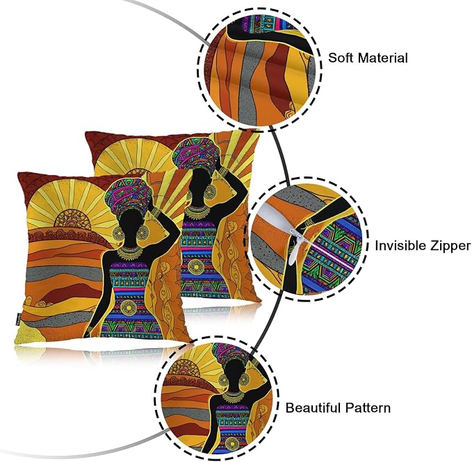 Swono African Woman Throw Pillow Cases Pack of 2, Black African Woman Square Cushion Covers Decor Pillow Covers for Couch Sofa Home Farmhouse Decoration 18 X 18 Inches Pillowcases