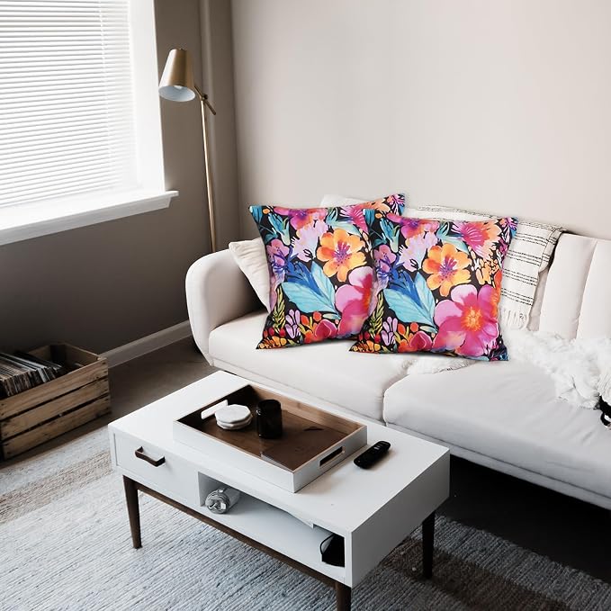 TAJWE Outdoor Pillow Covers 16x16 Inch Set of 2 Black Floral Waterproof Throw Pillowcases Modern Farmhouse Decorative Square Cushion Cases for Patio Furniture Garden Bench Porch Decor