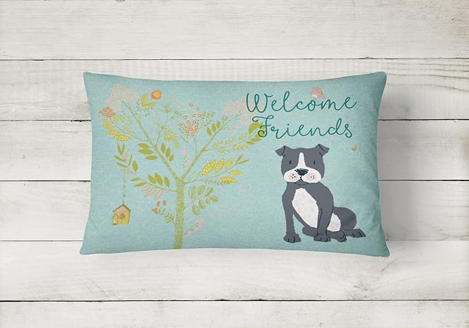 Caroline's Treasures BB7623PW1216 Welcome Friends Black Staffie Canvas Fabric Decorative Pillow Machine Washable, Indoor Outdoor Decorative Pillow for Couch, Bed or Patio, 12HX16W