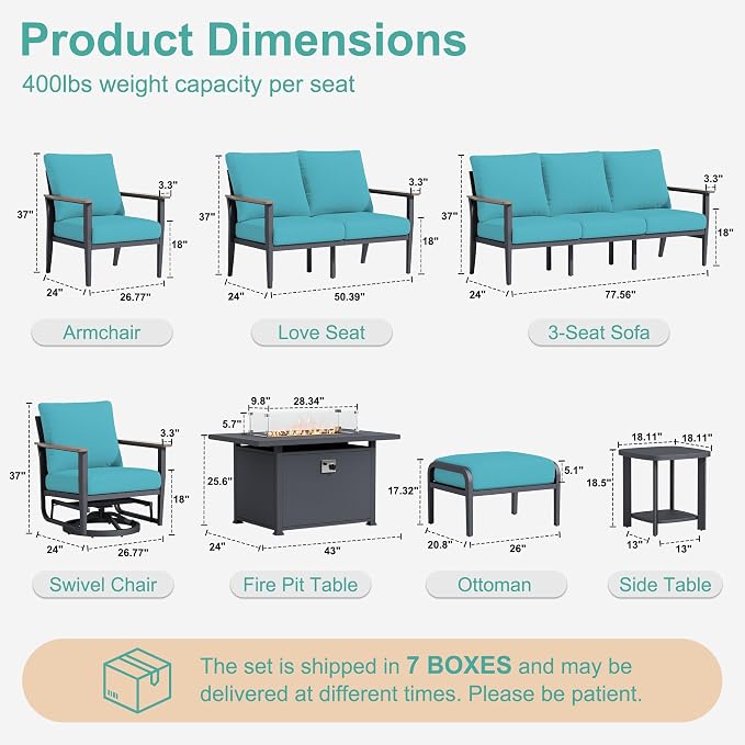 Aluminum Outdoor Patio Furniture Set with Swivel Rocking Chairs 11-Seat, Patio Sectional Sofa with Ottomans Patio Conversation Set with 55,000 BTU Fire Pit Table & High Backrest, Turquoise