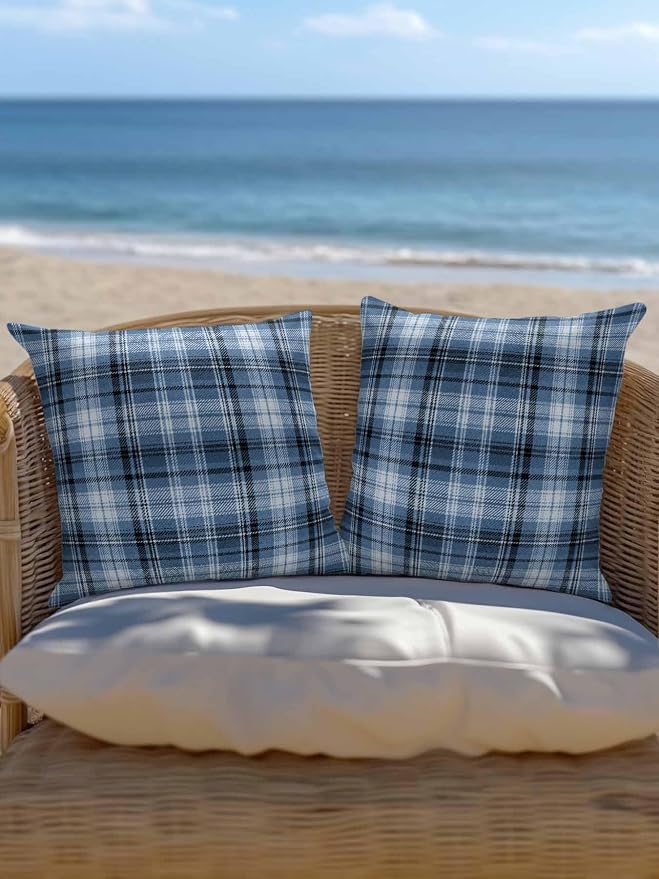Waterproof Outdoor Pillow Set of 2 Blue Checked Plaid Decorative Throw Pillows Cover & Insert 16x16 Inch Pillowcase Stripes Woven Grid Square Pillows for Couch Sofa Bed Patio Furniture Indoor Outdoor