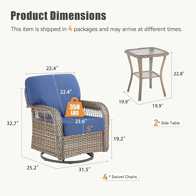 Patio Furniture Sets, 6 PCS Wicker Outdoor Furniture with Patio Sidetables - Patio Swivel Rocking Chairs and Rattan Side Table for Garden, Porch, Backyard, Blue/Gray Wicker
