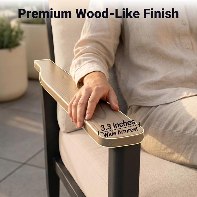 Aluminum Patio Chairs Set of 2, Modern Outdoor Armchairs with Wood-Like Armrests & 5.1" Thick Cushions, Wide Seat Balcony Furniture for Porch, Deck, Khaki