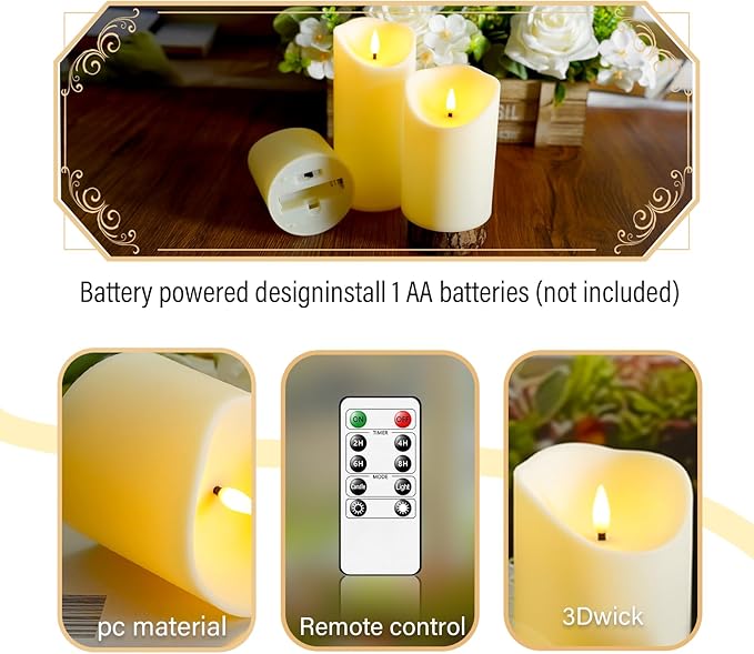 Eebuss Flameless Candles with Remote Timer, Battery Operated Realistic Flickering LED Candles, 9 Packs Fake Candles for Home Decor (D3 x H 3" 4" 5" 6" 7") (Ivory)