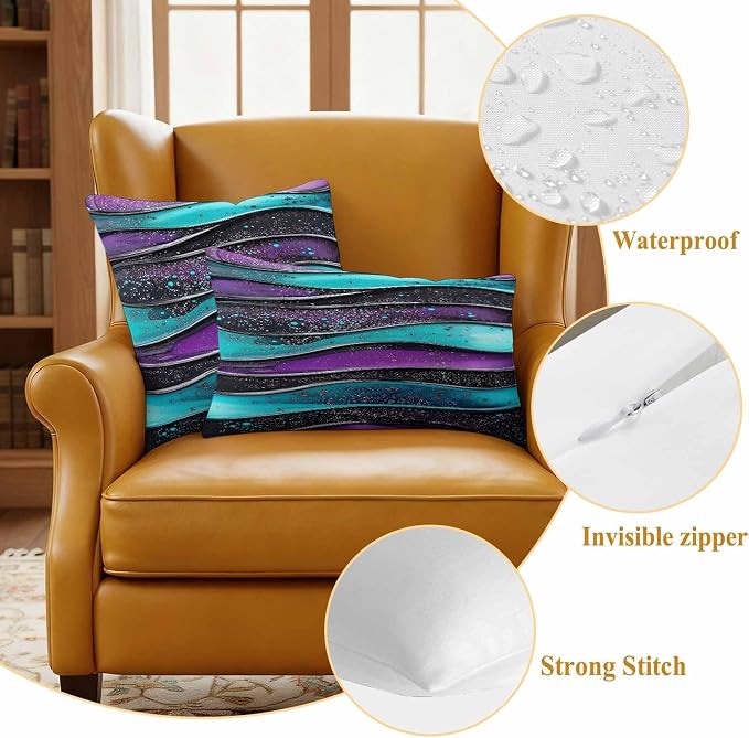 JasmineM Outdoor Pillow Cover 18x18 Inches Set of 2 Abstract Purple Teal Wave Waterproof Throw Pillow Covers Modern Black Strips Decorative Pillowcases Garden Cushion Case for Patio Couch Sofa