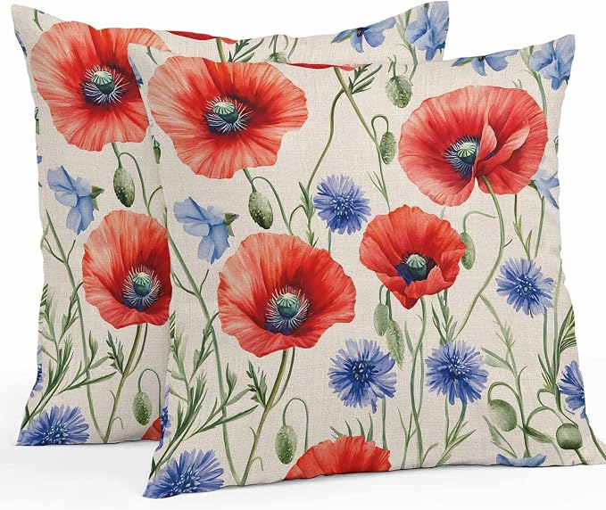 Red Blue Flowers Waterproof Outdoor Pillow Covers Set of 2 Home Decor, Patriotic Poppy Floral Summer Country Pillowcase Patio Pillow Covers for Couch Bench Furniture Garden 20x20in