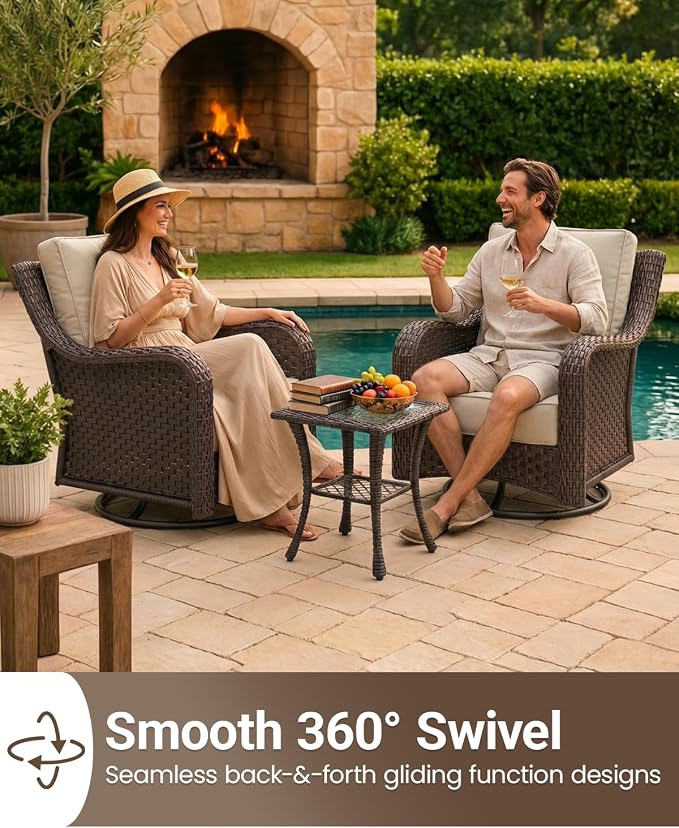 3 Pieces Outdoor Furniture Set with 6-inch Cushions, High Back Wicker Swivel Rocker Chairs with Coffee Table, Luxury Conversation Set for Deck Patio and Poolside
