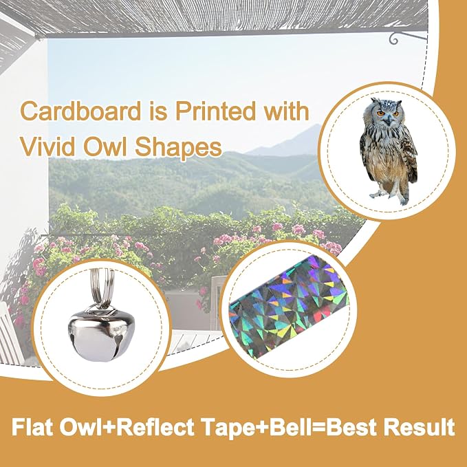 Fake Owl to Scare Pigeons Woodpecker, 4Pcs Flat Garden Owls to Keep Pigeons Squirrels Away from Outdoor, Plastic Owl to Scare Woodpecker from House, Hanging Owls with Reflective Tape for Patio Roof
