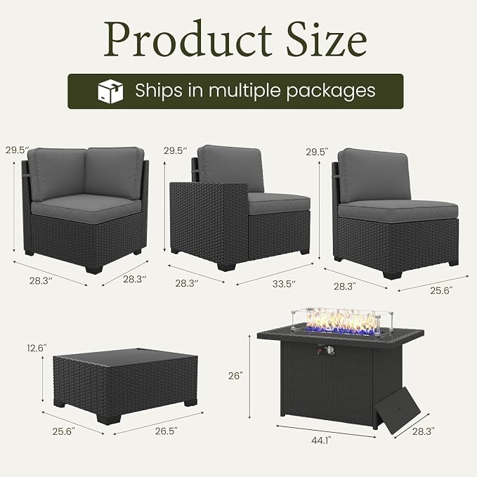 LayinSun 7 Pieces Outdoor Patio Furniture Set with 44" Fire Pit Table Rattan Sectional Sofa Conversation Sets