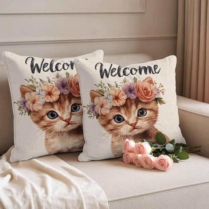 Cute Cat Outdoor Waterproof Throw Pillow Covers Set of 2, 26"x26", Garland Welcome Retro Decorative Pillow Covers Outside Cushion Case for Patio Porch Garden