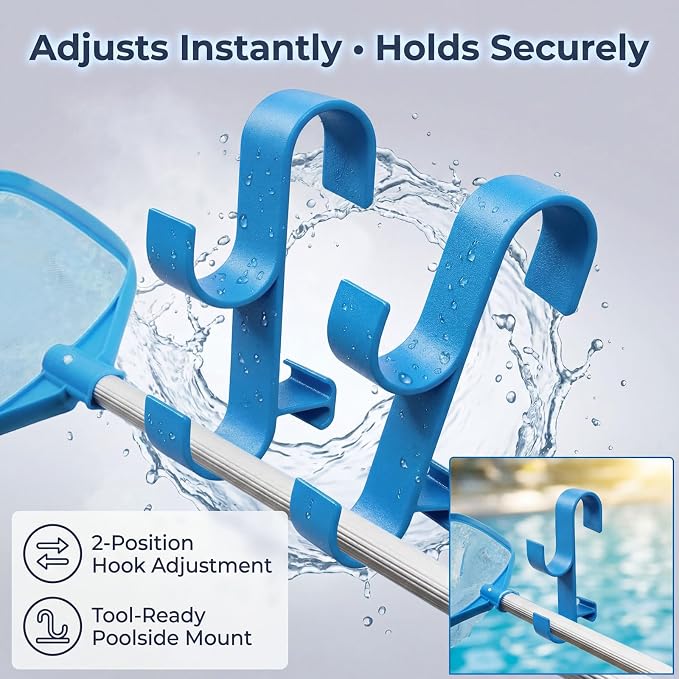2Pcs Above Ground Pool Pole Hooks, Double Hanging Bracket for Pool Telescopic Pole, Leaf Skimmer Net & Vacuum Hose, Pool Rail Accessory Storage Hanger