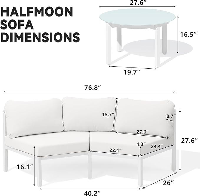 Crestlive Curved Patio Furniture Set, Modular Half Moon 6-Seater Sofa with Round Coffee Table, Aluminum Outdoor Sectional with 4.3" Cushions, All-Weather Couch for Backyard, Deck, Porch, Poolside
