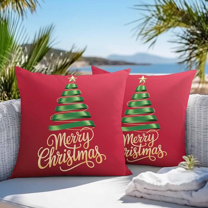 Red Christmas Tree Outdoor Pillow Covers 26 x 26 Inches, Green Xmas Tree with Star Waterproof Throw Pillow Cover Set of 2, Christmas Red Decorative Square Cushion Covers for Patio/Couch/Garden