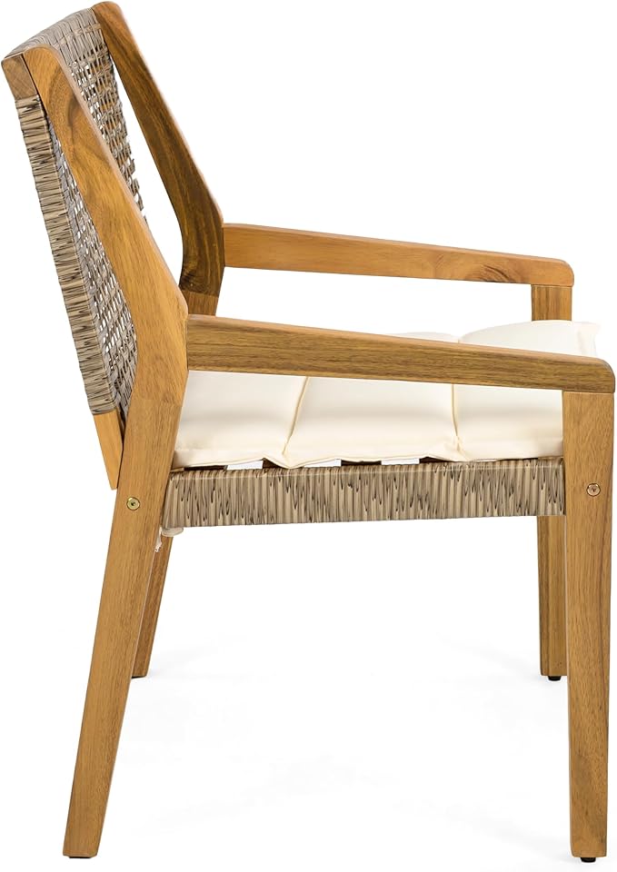 Christopher Knight Home Verle Wooden Patio Dining Set for 4, Acacia Wood Outdoor Dining Table Set for 4, 5 Piece Outdoor Dining Set with Round Table and Armchair with Seat Cushion, Teak+Beige