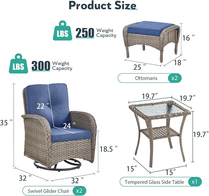 Outdoor Swivel Glider Rocker Chairs Set- 5 Piece Patio Furniture Set, Patio Bistro Sets with Tempered Glass Side Table and 2 Ottoman, for Balcony, Porch - Grey Wicker Blue Cushion