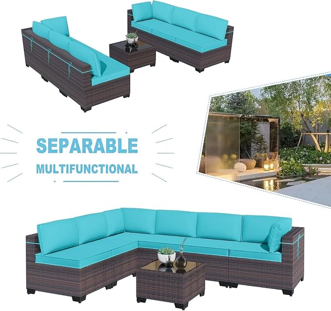 Outdoor Patio Sectional Furniture Set 7 Pieces PE Wicker Sofa Set with Tempered Glass Table and 6 Removable Sand Cushions, Manual Rattan Conversation Couch for Backyard Garden Deck