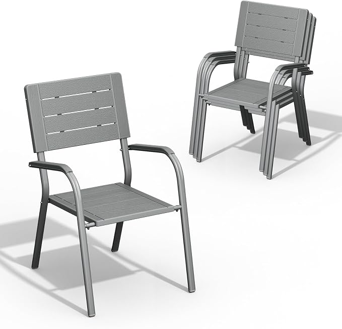 VINGLI Outdoor Patio Dining Chairs, Stackable HDPE All-Weather Arm Chairs, Weatherproof Outdoor Seating for Garden, Backyard, Poolside, Balcony,Grey (4 Pack)