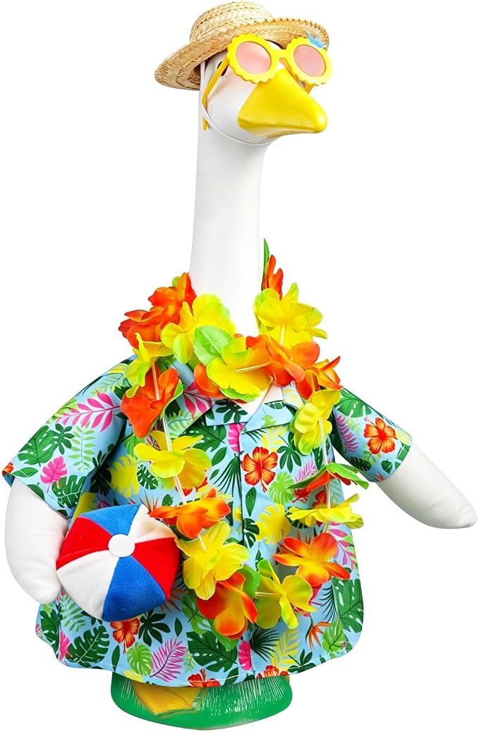 Hawaiian Porch Goose Outfits for 23" Statue, Summer Goose Clothes with Volleyball, Straw Hat, Sunglasses & Floral Wreath – Fun Tropical Lawn Decor for Garden, Patio, Beach