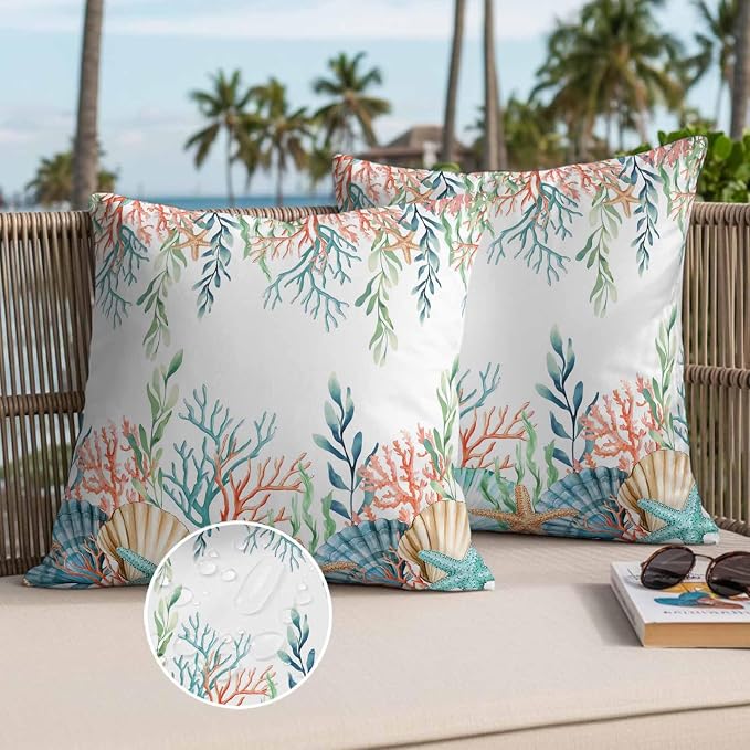 Throw Pillow Covers 24x24 Inch Set of 2, Marine Life Waterproof Outdoor Pillow Covers, Nautical Underwater Coral Shell Starfish Watercolor Decorative Cushion Pillowcases for Couch, Sofa, Bed, Patio