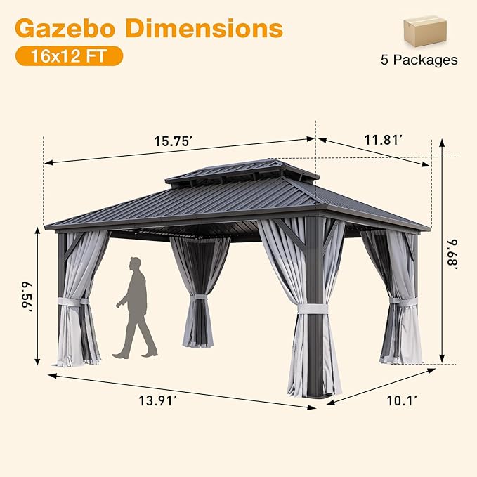 12x16FT Hardtop Gazebo, Metal Frame with Double Galvanized Steel Roof, Permanent Outdoor Pergola with Curtains and Netting Included for Backyard, Patio, Lawn and Garden, Gray