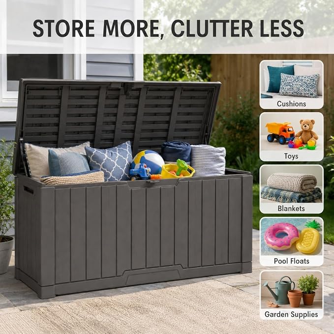 Outdoor Storage Box, Waterproof Deck Box with Buckle Lock, Patio Storage Box for Cushions and Outdoor Toy Storage, 30/60/80/100/120 Gallon PP Bench or Side Table for Patio Garden Backyard(120 Gallon)