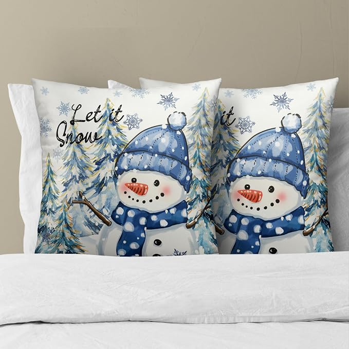 Winter Throw Pillow Covers 18x18 Inch – Pack of 2 Snow Snowman Pine Trees Holiday Cotton Hidden Zipper Pillowcases for Couch Sofa Bed Porch Farmhouse Home Decor