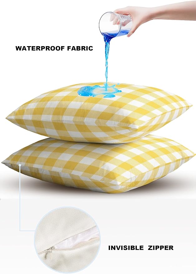 Outdoor Waterproof Throw Pillow Covers Set of 2 Yellow Buffalo Check Plaid Pillowcases 20x20 Inches Farmhouse Style Patio Decorative Pillows Cushion Case Patio Pillows for Couch Bed Chair Garden
