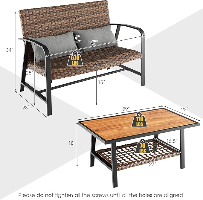 Tangkula 2 Pieces Patio Wicker Furniture Set with 4D Air Fiber Quick Dry Cushion, Outdoor Loveseat and Coffee Table Set with DPC Tabletop and Lumbar Pillows, Patio Conversation Set