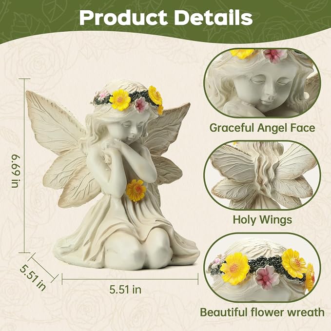 Solar Angel Garden Statue Outdoor Decor for Mother's Day, Fairy Figurine with Garland Flower Light, Cemetery Decoration for Grave, Yard, Patio, House Warming Birthday Gifts for Women, Mom