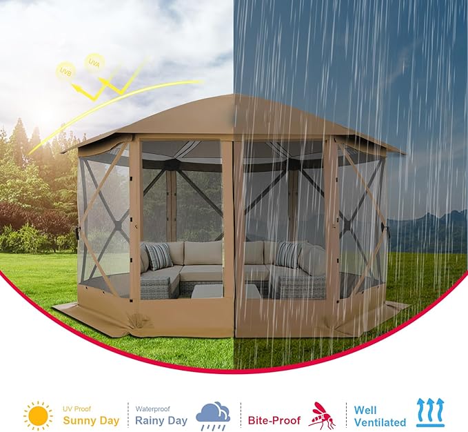COBIZI 12x12 FT Pop Up Canopy Stargazing Tent, Gazebos On Clearance with Removable Roof, Screened in Gazebo, Screen Tents Portable carpas para Patio for Outdoor Camping,Backyard, Garden, Brown(Pro)