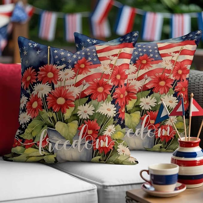 Independence Day Patriotic Flag Outdoor Pillow Covers 18x18in Pack of 2 Waterproof Pillowcase Blossom Flower Green Leaves Decorative Throw Cushion Case for Patio Couch Sofa