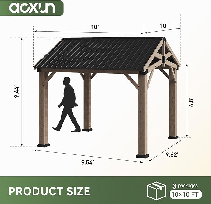 Aoxun 10' x 10' Outdoor Wood Gazebo, Hardtop Gazebo Permanent Wooden Pavilion with Galvanized Steel Gable Roof, for Patio, Garden, Backyard, Cedar Wood