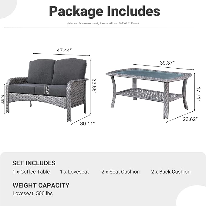 ovios 2-Piece Patio Furniture Set, Outdoor Wicker Sofa with Coffee Table, High Back Rattan Couch Loveseat with Comfy Cushions for Porch Yard Deck, Black