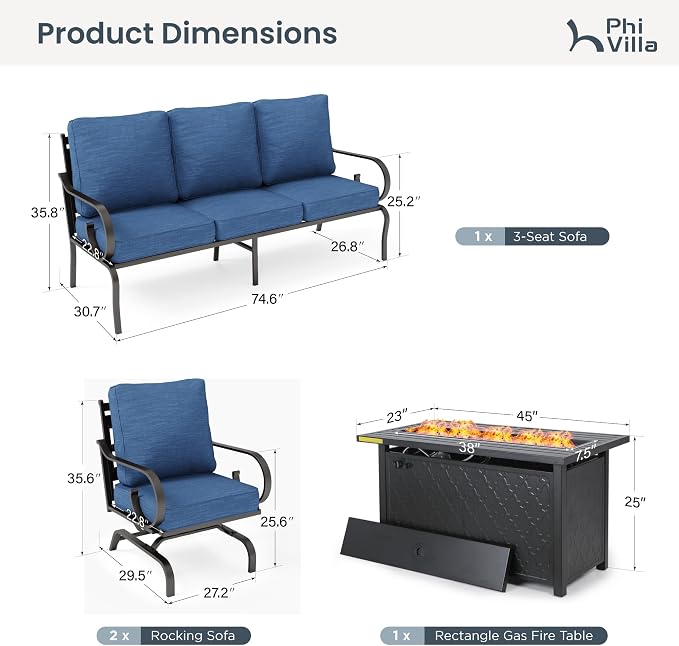 PHI VILLA Patio Furniture Set, 3-Seater Sofa, 2 Rocking Chairs and a 45" Fire Pit Table, Outdoor Metal Conversation Set with 5.75" Extra Thick Cushion for Garden Backyard Deck, Navy