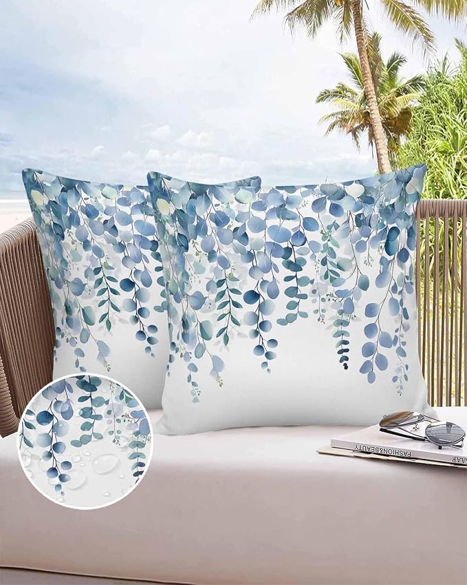 Outdoor Waterproof Pillow Covers Blue Eucalyptus Leaves Set of 2 Decorative Outdoor Pillowcases Watercolor Plant Leaf Cushion Cases for Patio Funiture Garden Couch Bench 20 x 20 Inches