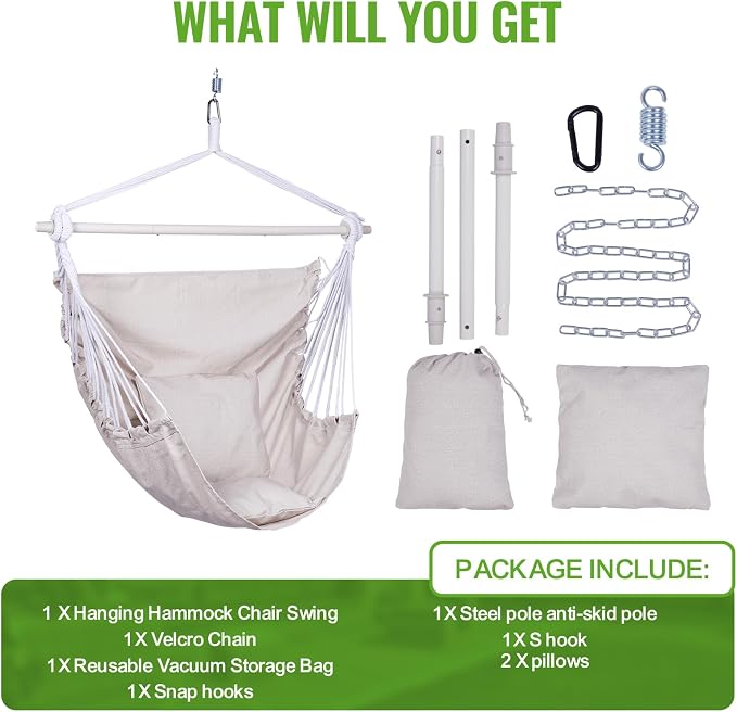 Backyard Expressions Hanging Hammock Chair Swing with Cushions & Hanging Kit – 500 lb Capacity, Cotton Blend Fabric, for Indoor/Outdoor Use – Includes Chain, Hooks & Spring – 5 Colors