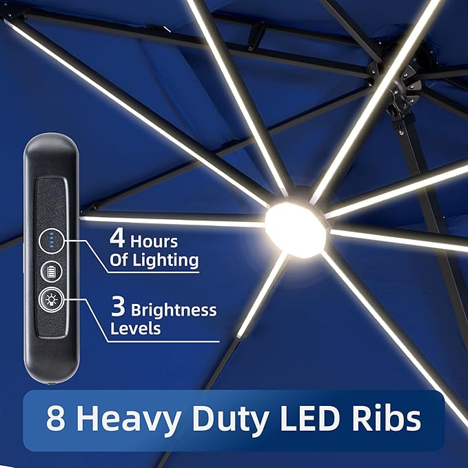 10x13 FT Patio Umbrella with LED Lights Cantilever Outdoor Large Heavy Duty Rectangle Aluminum Offset Umbrellas Double Top 360 Rotation 7 Tilt Adjustment for Pool Deck Garden, Navy