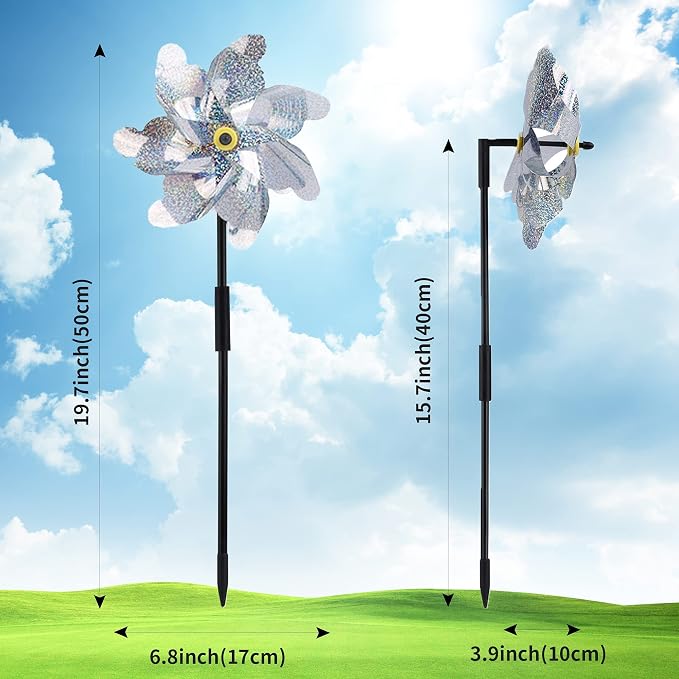 BATTIFE Preassembled Reflective Pinwheels for Yard & Garden, Silver, 10Pack | Sparkly Reflective Material Spinner, Spins Best in Steady Wind, Animal-Deterrent Results Vary by Placement and Conditions