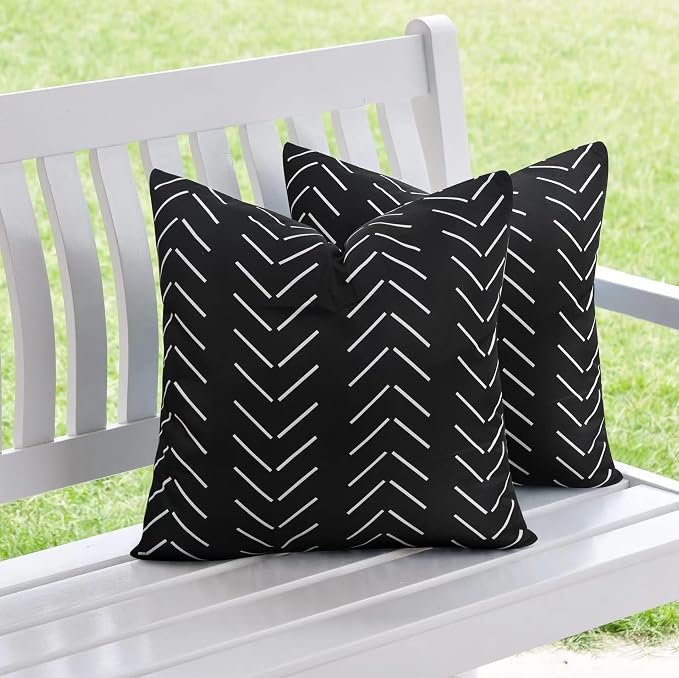 Adabana Geometric Waterproof Outdoor Pillow Covers 16x16 Black and White | Set of 2 Waterproof Design for Patio, Porch, Garden and Beach Decor