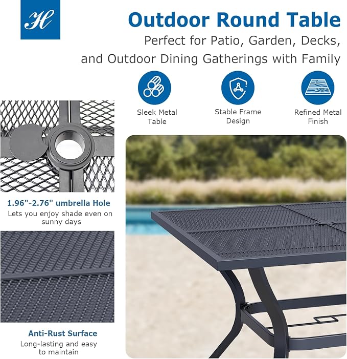 5 Piece Patio Dining Set for 4, 37.5” Black Square Table with Umbrella Hole and 4 Dark Blue Patio Stackable Chairs, Patio Table and Chairs for Backyard, Lawn, Deck & Garden