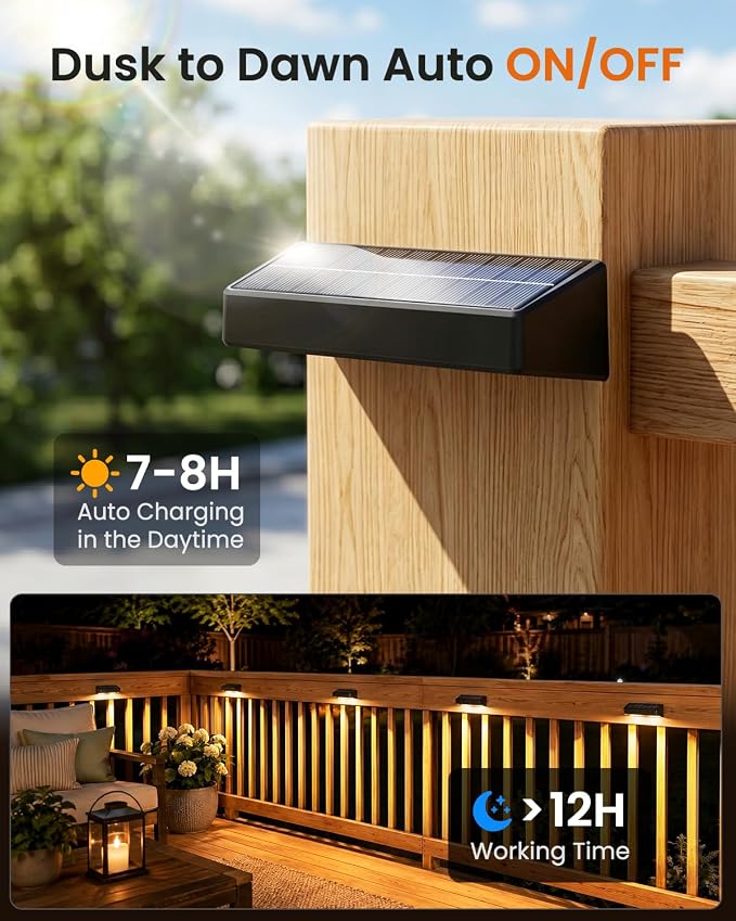 JOFIOS Fence Lights Solar Powered, 9 Fixed Colors ＆ Color Changing Solar Lights for Fence Waterproof IP65 Dusk-to-Dawn LED Deck Lighting for Patio, Railing, Pool, Porch, Backyard, Wall, 12 Pack