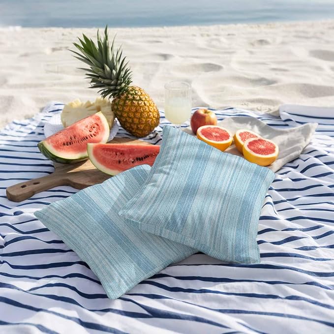 Abstract Blue Outdoor Pillow Covers 16"x16" Set of 2, Rustic Farmhouse Minimalist Blue Vertical Striped Lines Waterproof Throw Pillow Covers for Patio Furniture, Decorative Cushion Covers for Porch