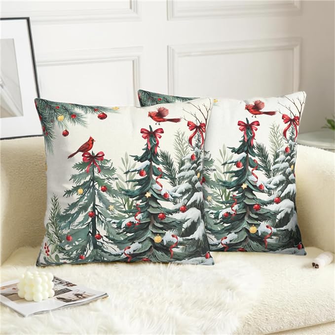 Set of 2 Christmas Tree Pillow Covers Snowy Pine Throw Pillow Covers 22x22 Green Xmas Tree Cardinal Bird Pillowcase Winter Holiday Cushion Case for Home Decor Couch Sofa